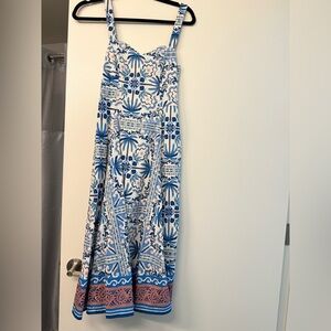 Avec Les Filles Blue Palm Tile Sweetheart Neckline Midi Dress